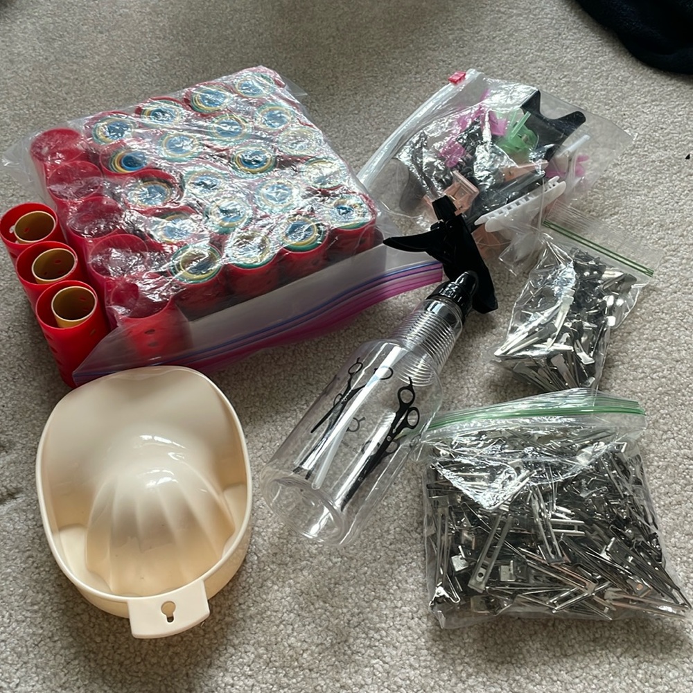 Hair Stylist Bundle - rollers, clips, spray bottle, nail hand soaking bowl